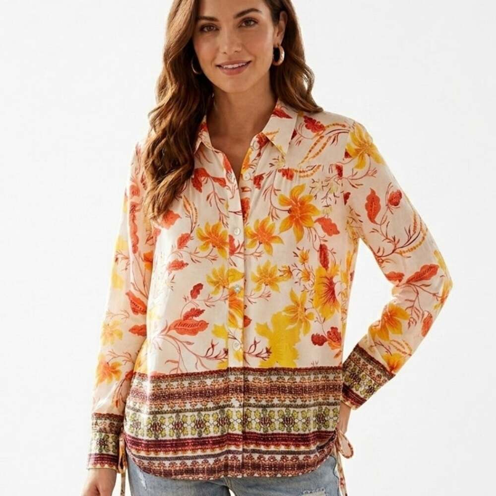 Figueroa & Flower Floral Border Top Womens Large White Yellow Button Blouse